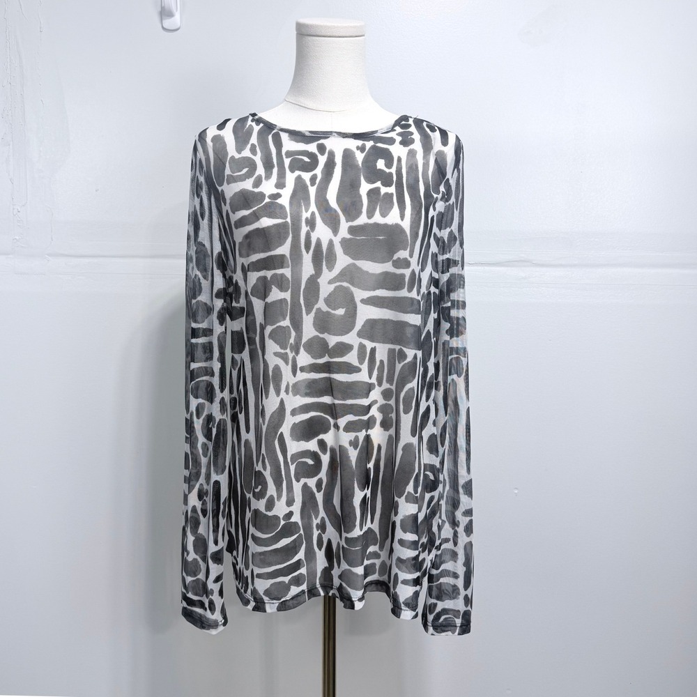 Vince Camuto Womens Large Sheer Long Sleeve Top Black White Abstract